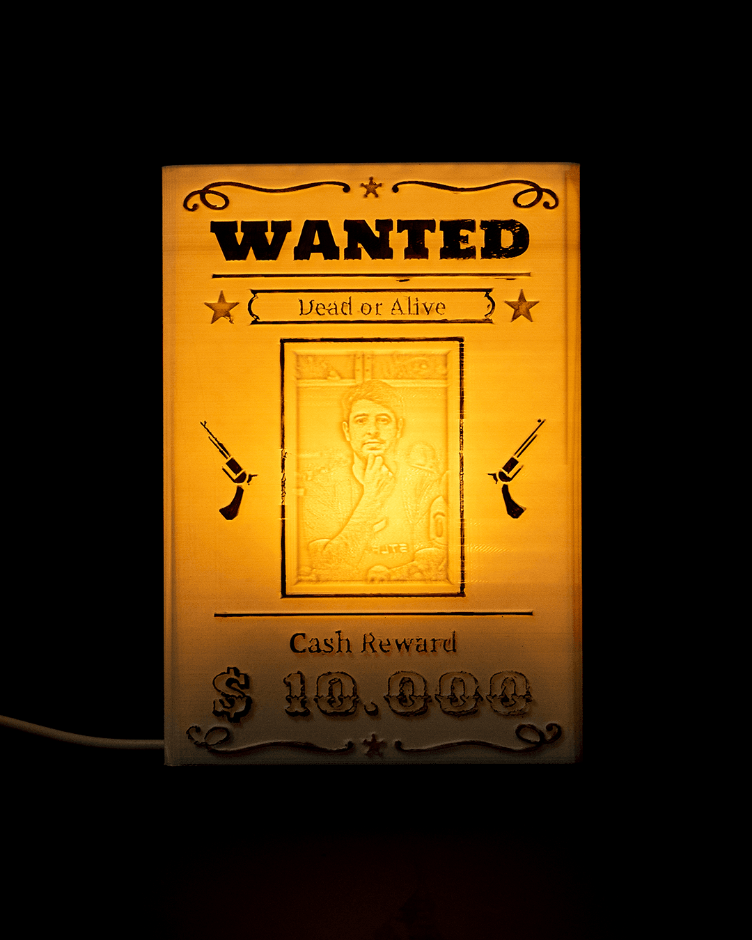Personalisierbares beleuchtetes Wanted-Schild im Western-Stil mit Namen und Foto