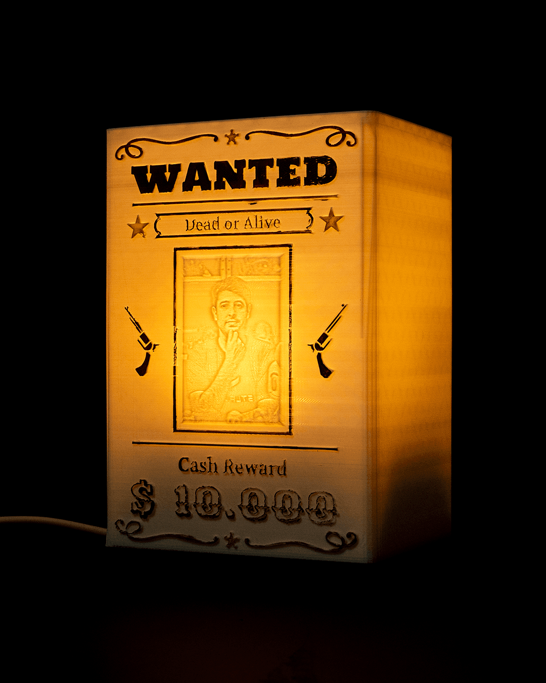 Personalisierbares beleuchtetes Wanted-Schild im Western-Stil mit Namen und Foto