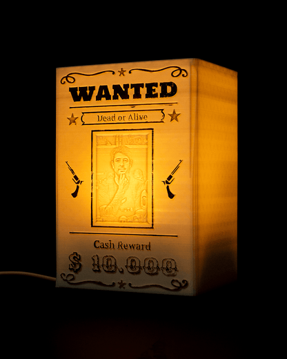 Personalisierbares beleuchtetes Wanted-Schild im Western-Stil mit Namen und Foto