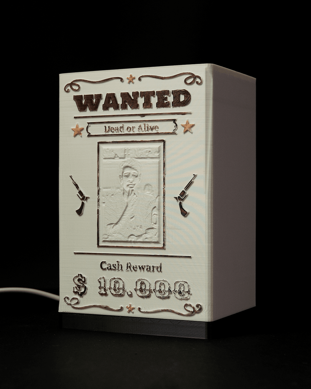 Personalisierbares beleuchtetes Wanted-Schild im Western-Stil mit Namen und Foto