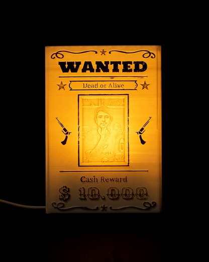Personalisierbares beleuchtetes Wanted-Schild im Western-Stil mit Namen und Foto
