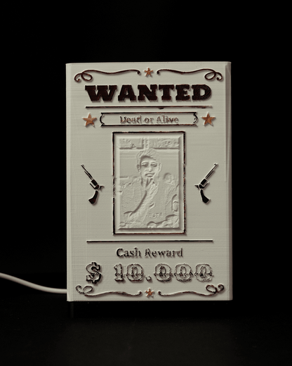 Personalisierbares beleuchtetes Wanted-Schild im Western-Stil mit Namen und Foto